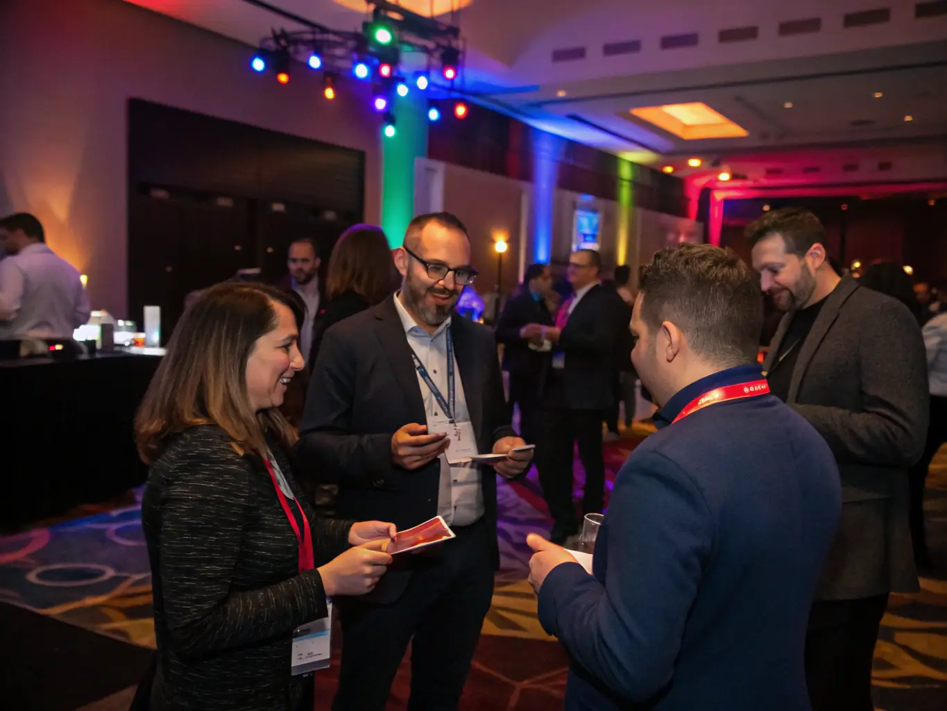 A lively photo capturing a networking session at the Swordfishly Innovation Summit, with attendees connecting, exchanging business cards, and engaging in conversations.