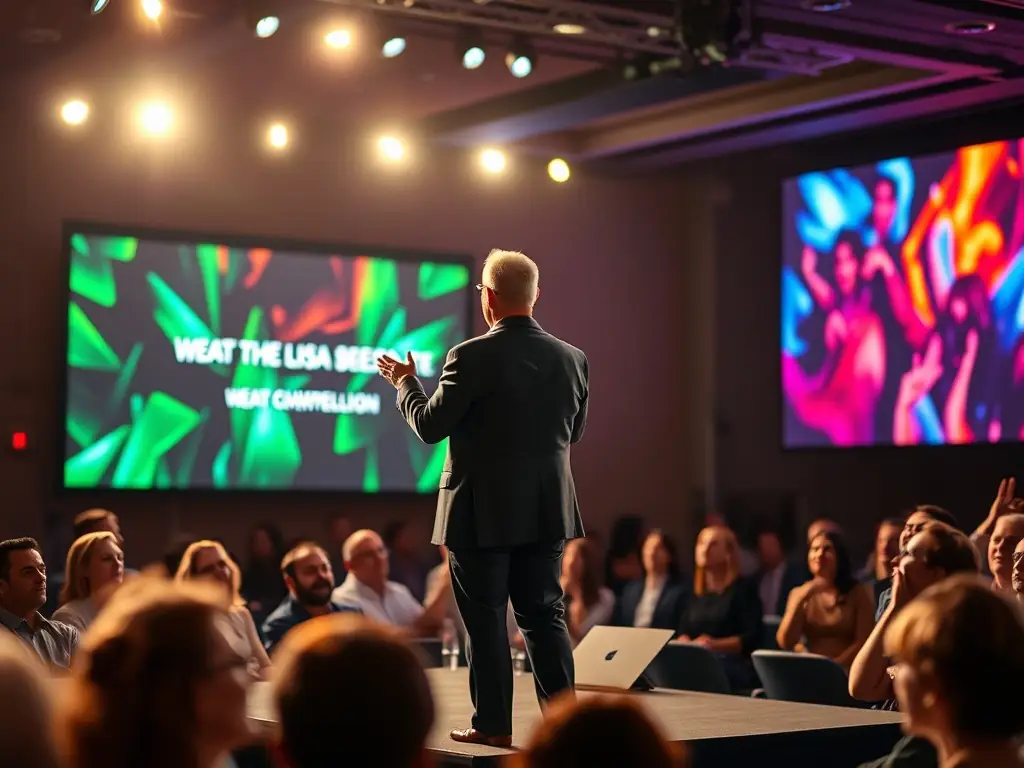 A dynamic photo capturing a keynote speaker passionately addressing a large audience at the Swordfishly Innovation Summit, with attendees actively engaged and taking notes.